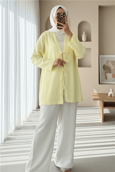 Önü Üç Bağcıklı Keten Kimono -Açık Sarı