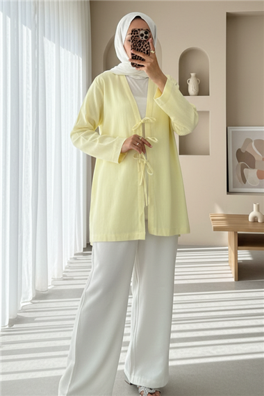 Önü Üç Bağcıklı Keten Kimono -Açık Sarı