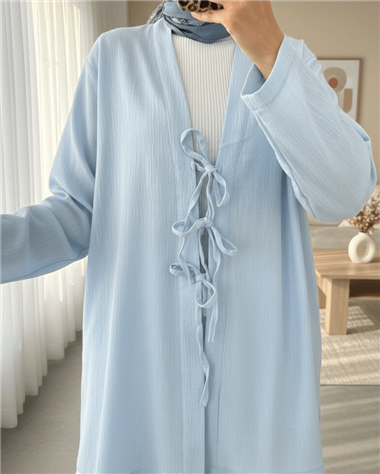 Önü Üç Bağcıklı Keten Kimono -Bebe Mavi