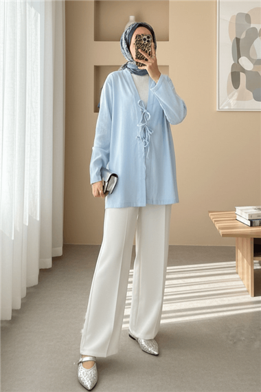 Önü Üç Bağcıklı Keten Kimono -Bebe Mavi