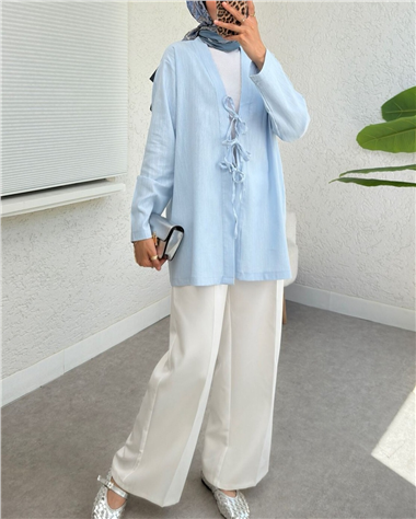 Önü Üç Bağcıklı Keten Kimono -Bebe Mavi