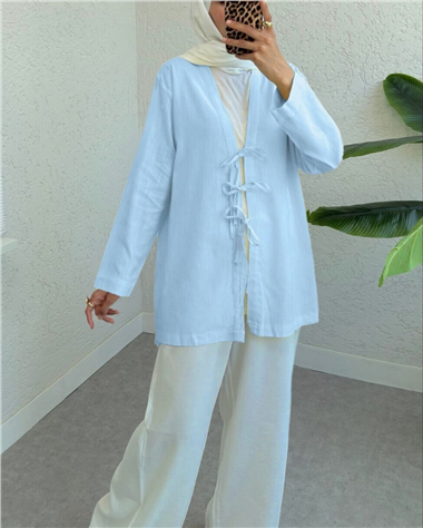 Önü Üç Bağcıklı Keten Kimono -Bebe Mavi