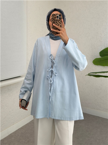 Önü Üç Bağcıklı Keten Kimono -Bebe Mavi