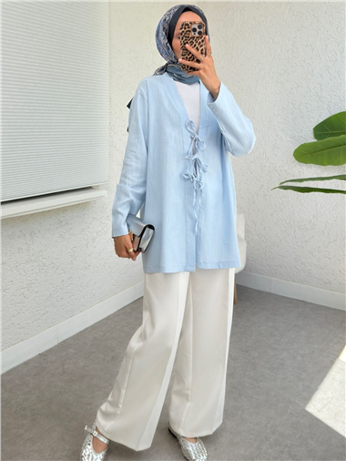Önü Üç Bağcıklı Keten Kimono -Bebe Mavi