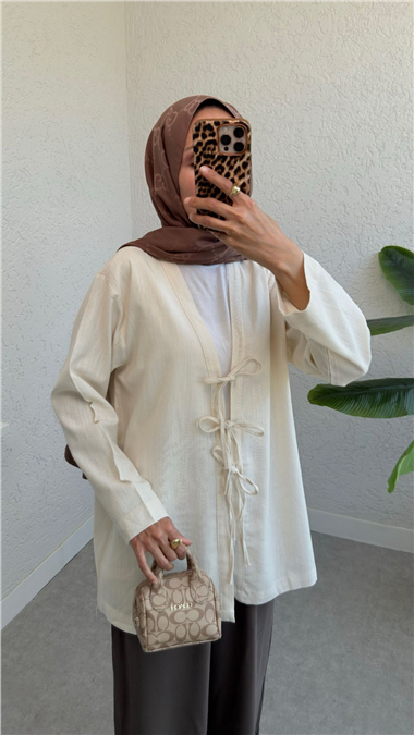 Önü Üç Bağcıklı Keten Kimono -Bej