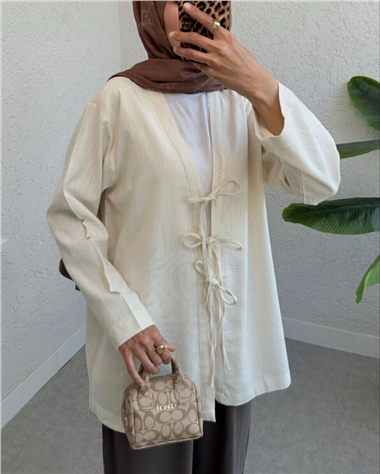 Önü Üç Bağcıklı Keten Kimono -Bej