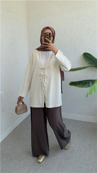 Önü Üç Bağcıklı Keten Kimono -Bej