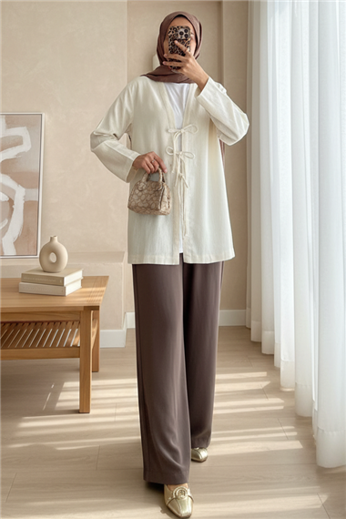 Önü Üç Bağcıklı Keten Kimono -Bej