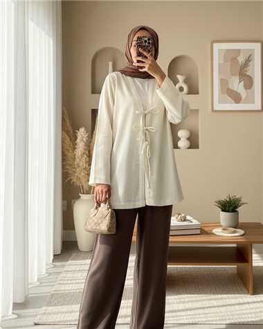 Önü Üç Bağcıklı Keten Kimono -Bej