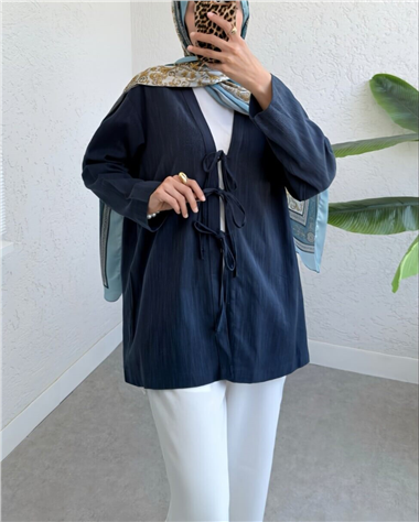 Önü Üç Bağcıklı Keten Kimono -Laci