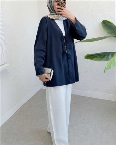 Önü Üç Bağcıklı Keten Kimono -Laci
