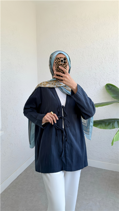 Önü Üç Bağcıklı Keten Kimono -Laci