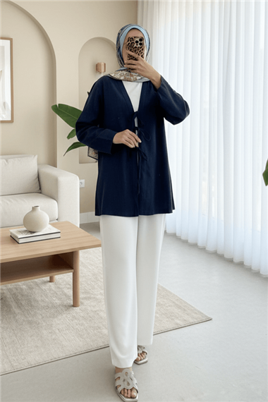 Önü Üç Bağcıklı Keten Kimono -Laci