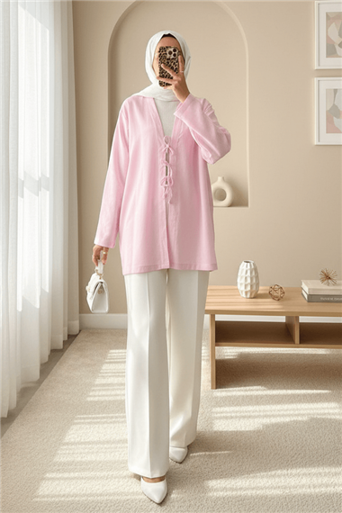 Önü Üç Bağcıklı Keten Kimono -Pudra