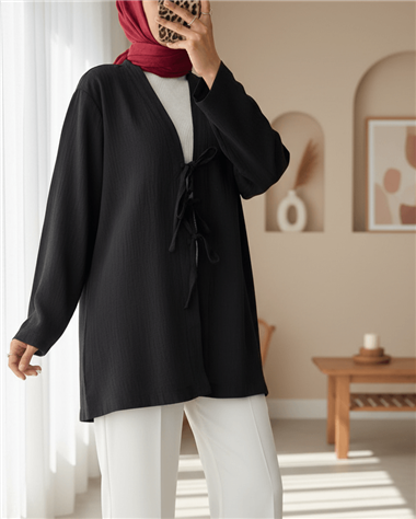 Önü Üç Bağcıklı Keten Kimono -Siyah
