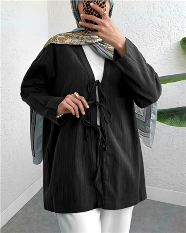 Önü Üç Bağcıklı Keten Kimono -Siyah