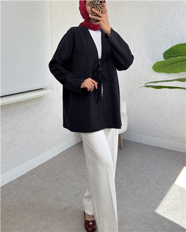 Önü Üç Bağcıklı Keten Kimono -Siyah