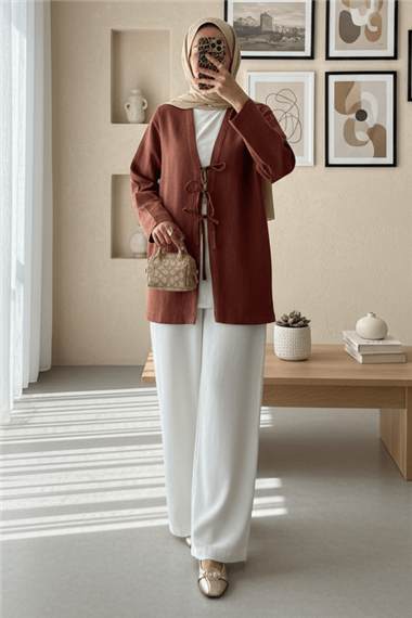 Önü Üç Bağcıklı Keten Kimono -Taba