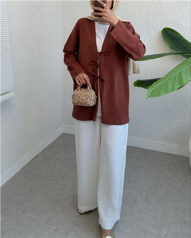 Önü Üç Bağcıklı Keten Kimono -Taba