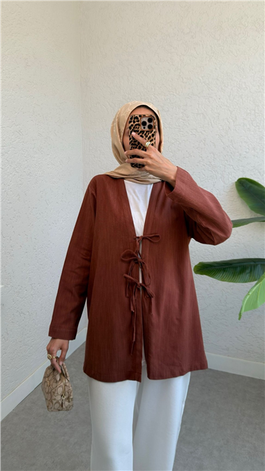 Önü Üç Bağcıklı Keten Kimono -Taba