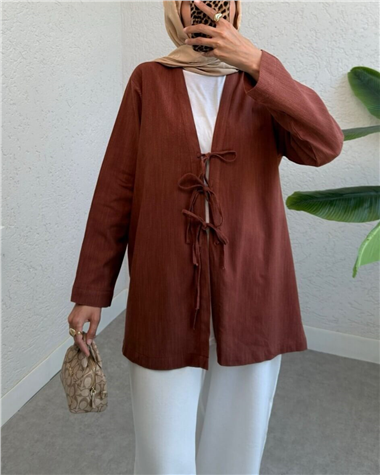 Önü Üç Bağcıklı Keten Kimono -Taba