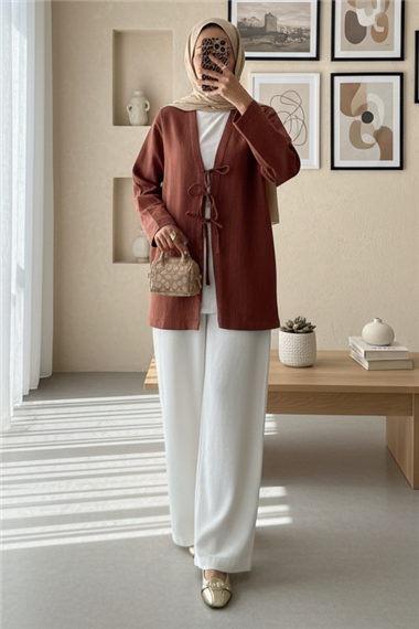 Önü Üç Bağcıklı Keten Kimono -Taba