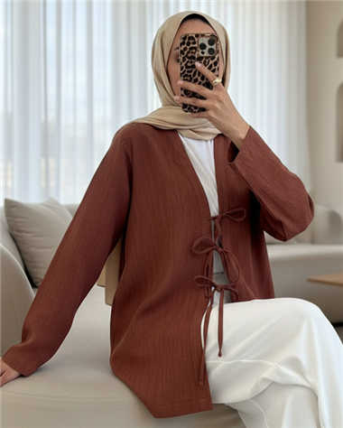 Önü Üç Bağcıklı Keten Kimono -Taba