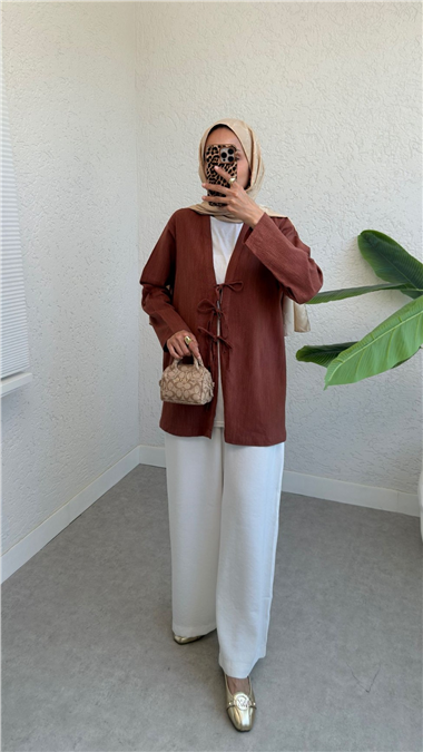 Önü Üç Bağcıklı Keten Kimono -Taba