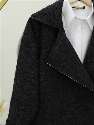 Önü Ve Cebi Fermuarlı Astarlı Buklet Ceket -Siyah