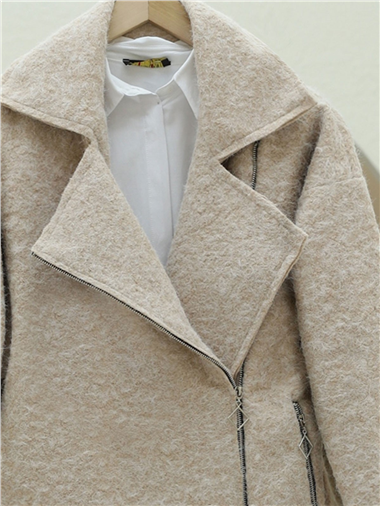 Önü Ve Cebi Fermuarlı Astarlı Buklet Ceket -Bej