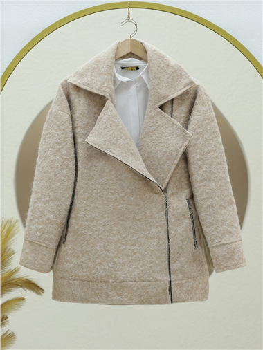 Önü Ve Cebi Fermuarlı Astarlı Buklet Ceket -Bej