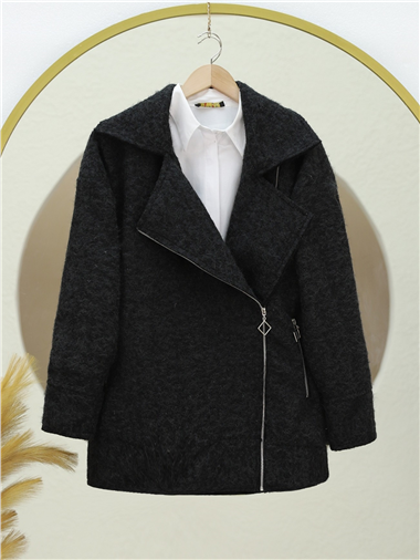 Önü Ve Cebi Fermuarlı Astarlı Buklet Ceket -Siyah