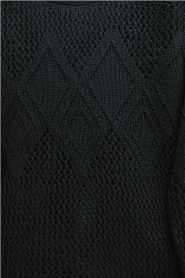Önü Ve Kolları Desenli Ajurlu Triko Kazak -Siyah