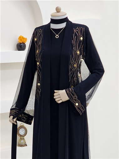 Önü Ve Manşeti Taşlı Abaya  -Bakır