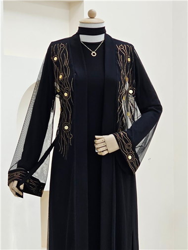 Önü Ve Manşeti Taşlı Abaya  -Bakır