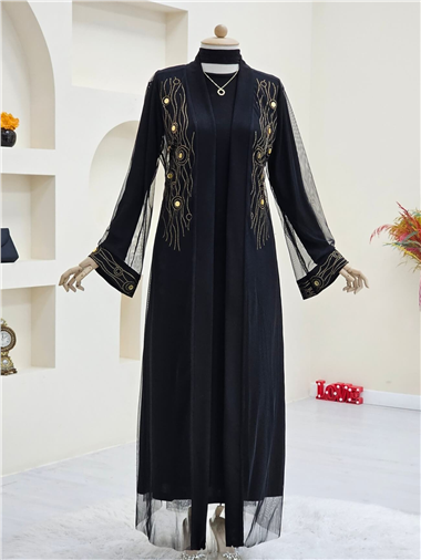 Önü Ve Manşeti Taşlı Abaya  -Bakır