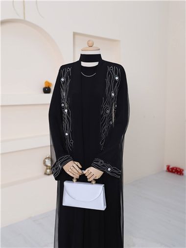 Önü Ve Manşeti Taşlı Abaya  -Gümüş