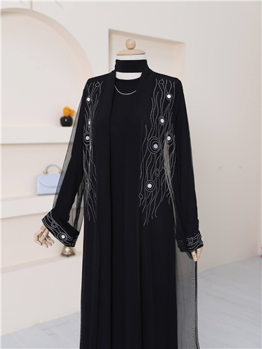 Önü Ve Manşeti Taşlı Abaya  -Gümüş