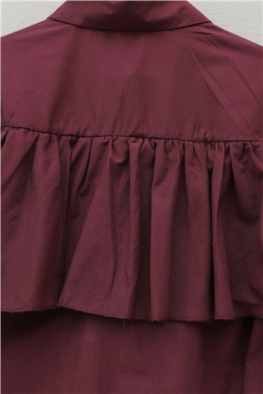 Önü Ve Omuzu Fırfır Detaylı Poplin Gömlek Bluz -Bordo