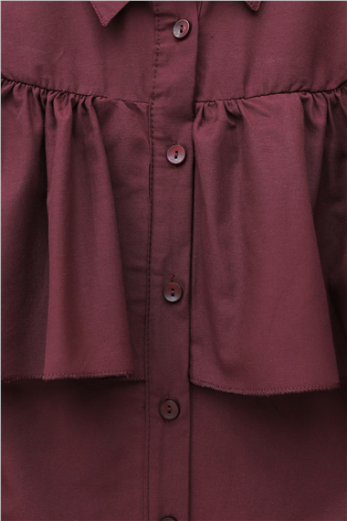 Önü Ve Omuzu Fırfır Detaylı Poplin Gömlek Bluz -Bordo