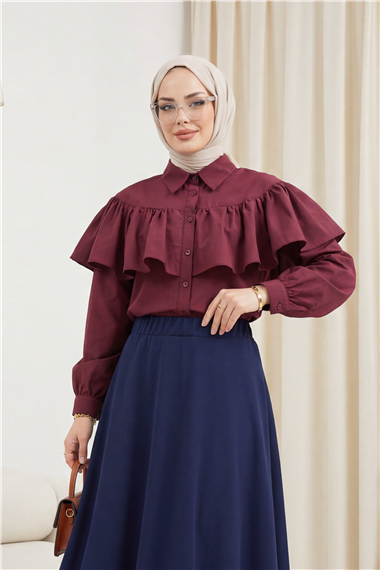 Önü Ve Omuzu Fırfır Detaylı Poplin Gömlek Bluz -Bordo