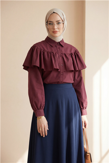 Önü Ve Omuzu Fırfır Detaylı Poplin Gömlek Bluz -Bordo