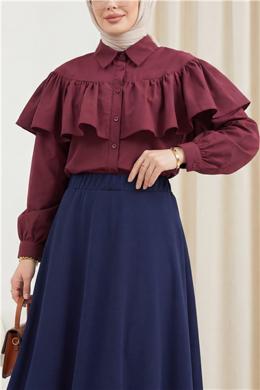Önü Ve Omuzu Fırfır Detaylı Poplin Gömlek Bluz -Bordo