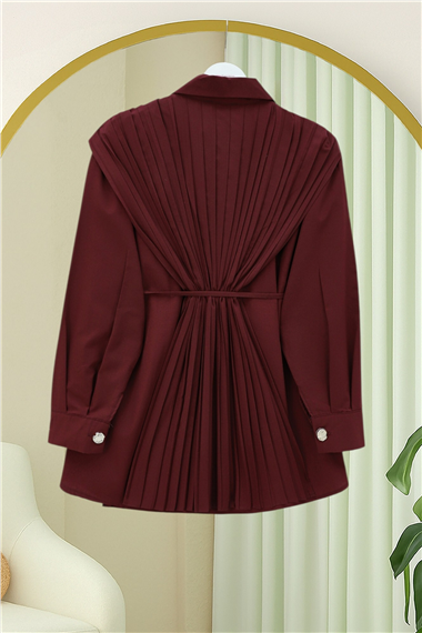 Önü ve Sırtı Pilise Detaylı Gizli Düğmeli Poplin Gömlek -Bordo