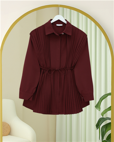 Önü ve Sırtı Pilise Detaylı Gizli Düğmeli Poplin Gömlek -Bordo