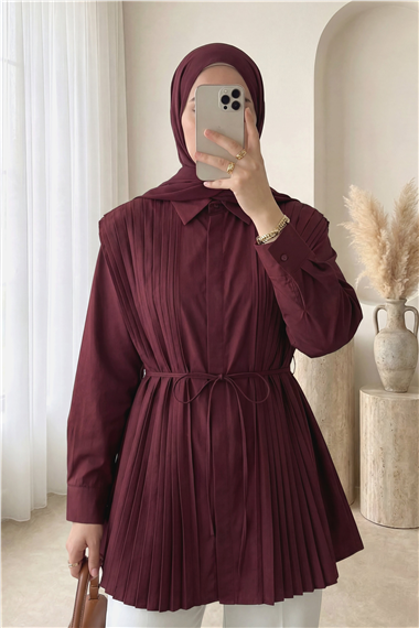 Önü ve Sırtı Pilise Detaylı Gizli Düğmeli Poplin Gömlek -Bordo