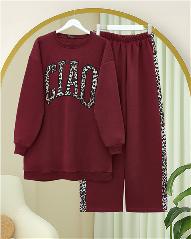 Önü Yazılı Leopar Deseni Detaylı Üç İplik Sweat Takım  -Bordo
