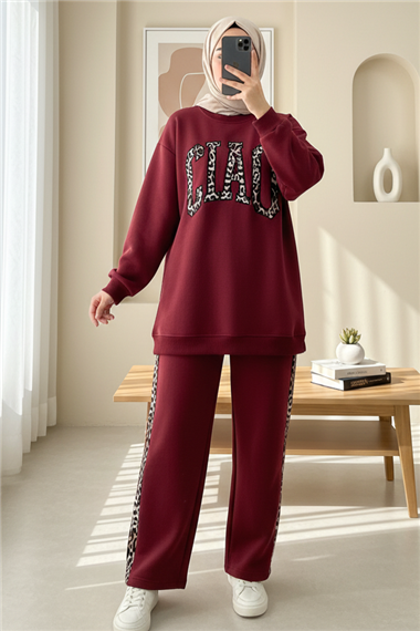 Önü Yazılı Leopar Deseni Detaylı Üç İplik Sweat Takım  -Bordo