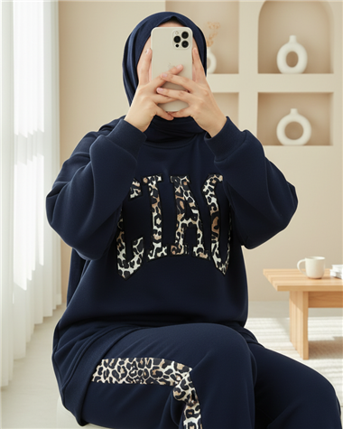 Önü Yazılı Leopar Deseni Detaylı Üç İplik Sweat Takım  -Laci
