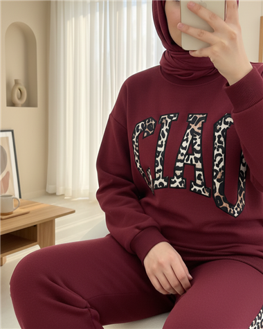 Önü Yazılı Leopar Deseni Detaylı Üç İplik Sweat Takım  -Bordo